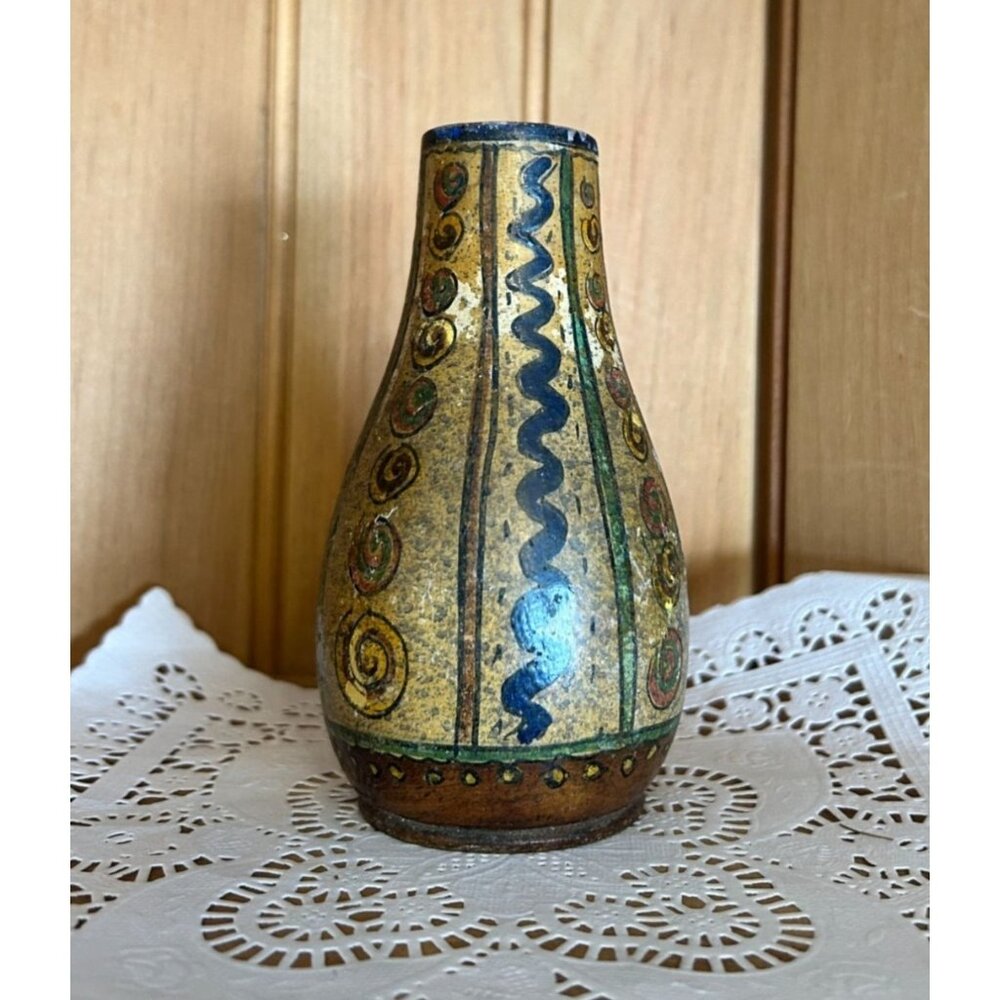 Hand Turned Wood Vase Hand Painted Rustic Abstract Boho Style Home Decor